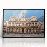 Large abstract wall art of Lyon's cityscape in shades of black and gray, acrylic print in black frame.