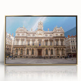 Art Deco poster of Lyon, France with gold and blue tones on acrylic framed print.