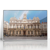 Mid-century modernist art depicting Lyon, France, in muted colors on a white framed acrylic print.
