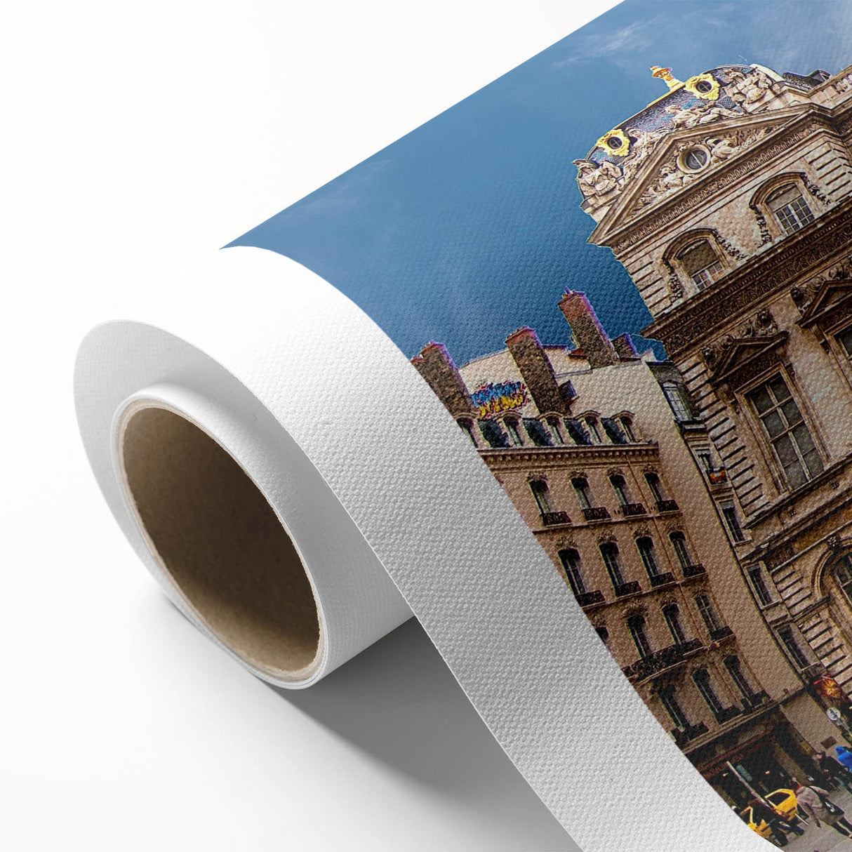 Art Deco poster of Lyon scenery on rolled canvas, featuring pastel blue and pink tones, ideal for nursery wall art.