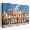 A large stretched canvas depicting a detailed scene of Lyon, France, with vibrant earth tones, ideal for kitchen wall art.