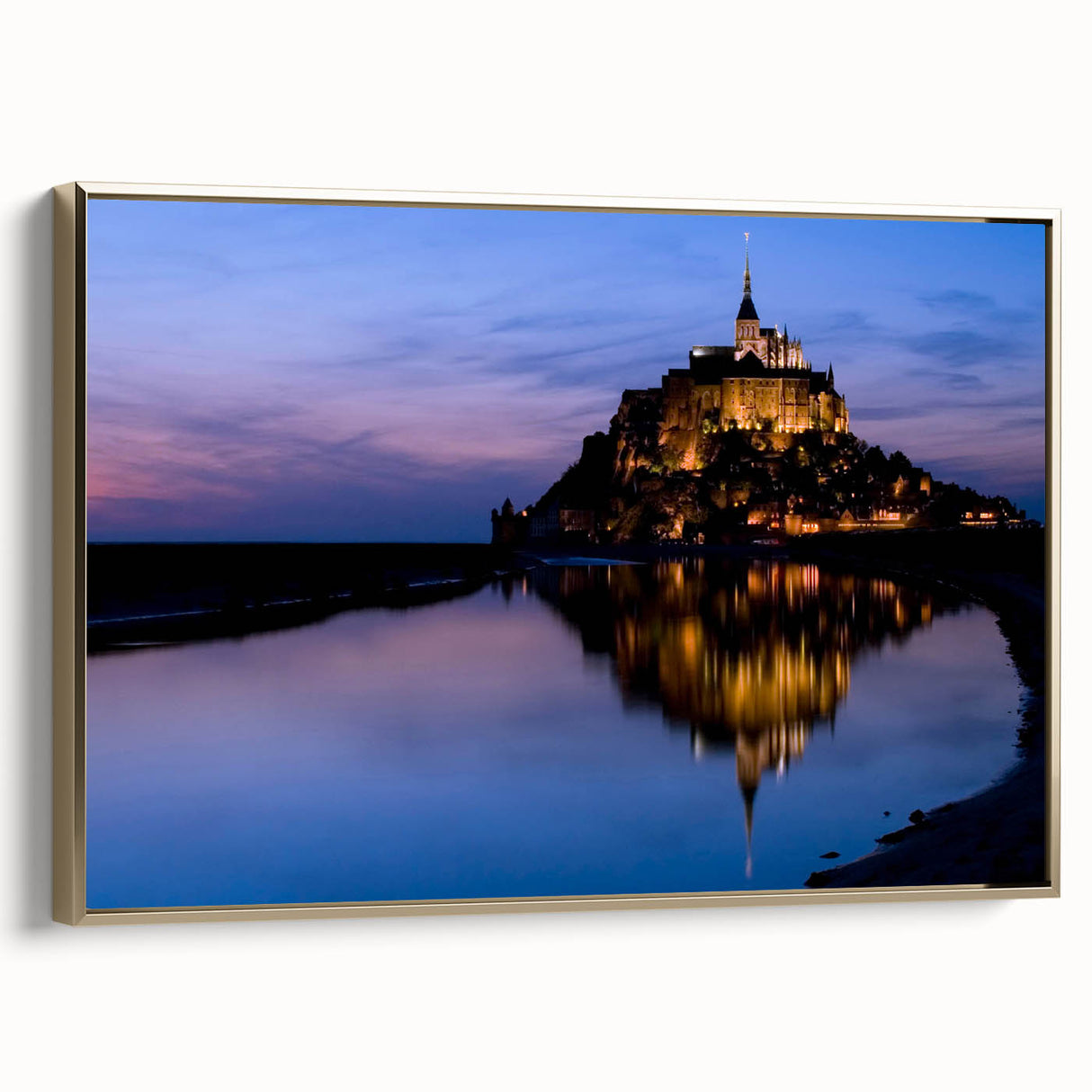 Framed canvas featuring a vintage-style landscape painting of a French scenery in black and gold tones.