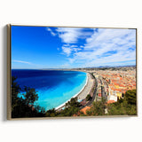Framed canvas featuring a landscape painting of Nice, France in muted gold and black tones, ideal for bedroom wall art.