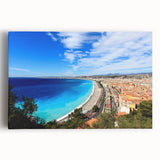 Black and white stretched canvas of Nice, France, with panoramic view, ideal for kitchen wall art.