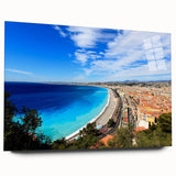 Large abstract wall art of Nice, France in muted blue and green tones on acrylic glass.