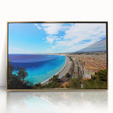Mid-century modernist art of Nice, France, depicted in muted gold and blue tones on a framed acrylic print.