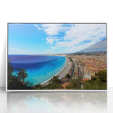 Art Deco poster of Nice, France, in muted pastel shades on white framed acrylic, suitable for modern nursery wall art.