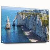 Acrylic print of Normandy landscape in muted earth tones on a glass background, suitable for dining room decor.