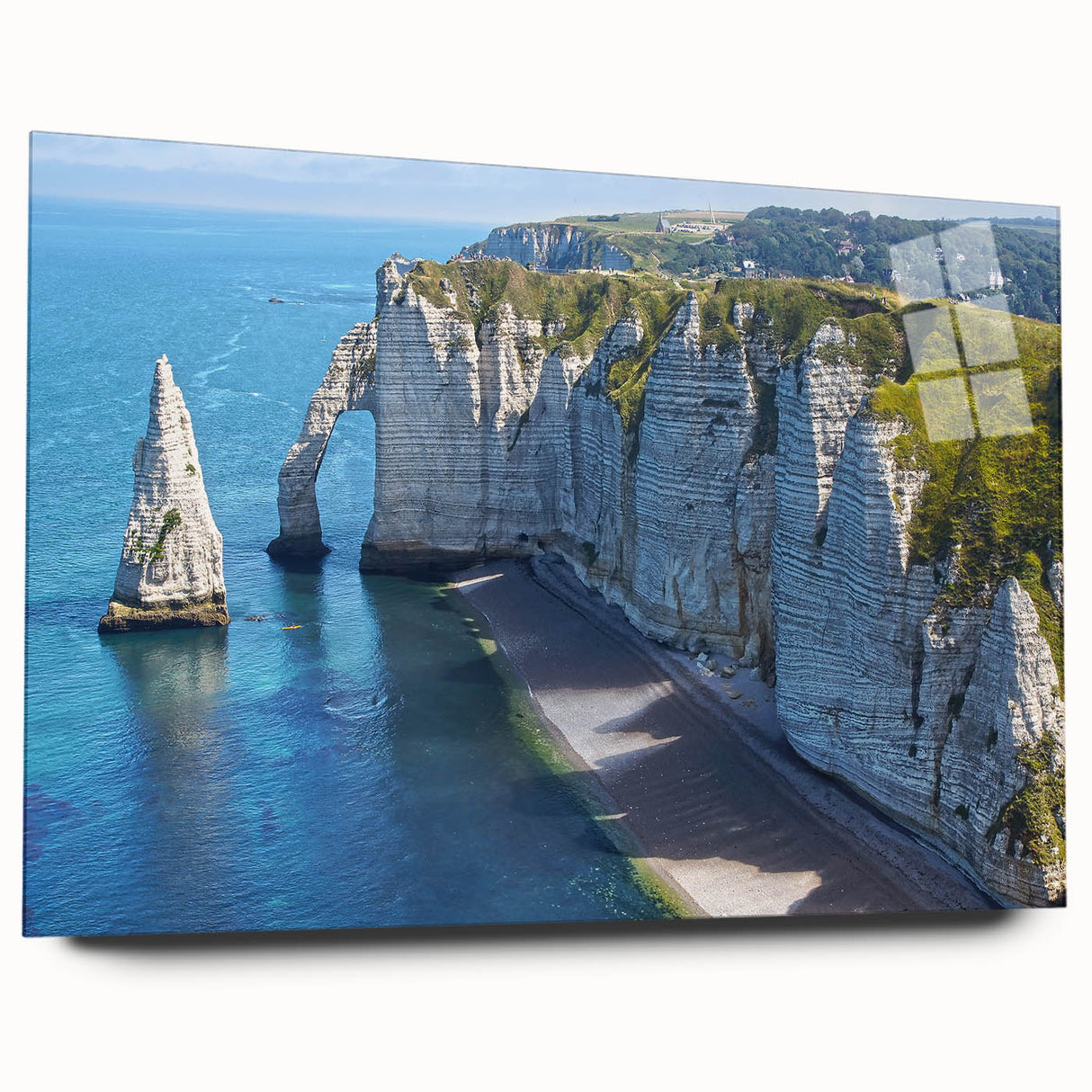 Acrylic print of a serene Normandy landscape in soft blue and green hues, ideal for bedroom or dining room art.