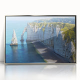 Acrylic print of a Normandy landscape in muted green and blue tones, framed in silver, suitable for modern art wall decor.