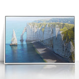 Mid-century modernist art depicting Normandy landscape in muted earth tones on a white-framed acrylic.