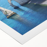 Art deco poster depicting Normandy, France in muted blue and gray tones on rolled canvas, ideal for dining room wall art.