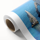 Art deco poster of Normandy landscape in muted green and blue hues on rolled canvas, ideal for nursery wall art.