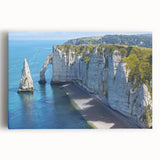 Black and white stretched canvas depicting the Normandy coastline, ideal for kitchen wall art or bedroom decor.