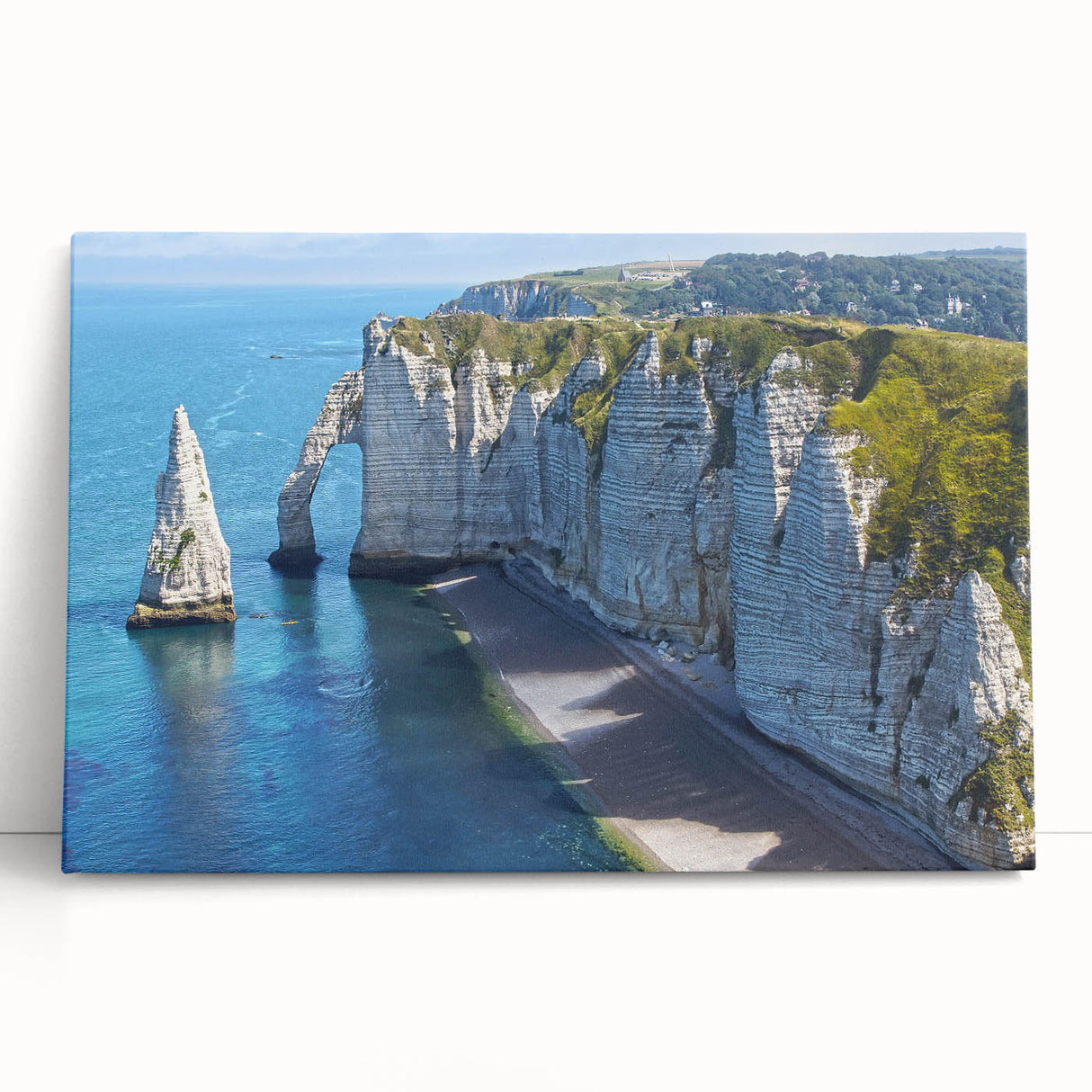 Black and white stretched canvas featuring a serene Normandy landscape, ideal for kitchen wall art.