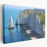 Large canvas depicting a serene Normandy landscape in soft green and blue tones, ideal for kitchen wall art.