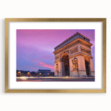 Abstract art print of Paris skyline in muted gold and blue tones on framed canvas, suitable for bedroom or dining room decor.