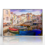 Mid-century modernist art depicting the Provence countryside in muted earth tones on a framed acrylic panel.