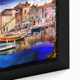 Extra large framed canvas of a textured Provence landscape in vibrant colors, ideal for living room decor.