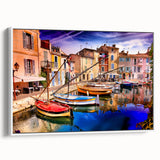 Vintage poster art of a Provencal landscape on a framed canvas, featuring vibrant colors, ideal for living room decor.