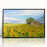 Large abstract wall art depicting a stylized French landscape in muted earth tones on framed acrylic.