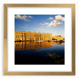Abstract art print of Versailles scenery in muted gold and gray tones, framed with a mat, suitable for dining room decor.
