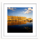 Textured art of Versailles scenery in muted green and blue tones, framed in white, ideal for bedroom art.