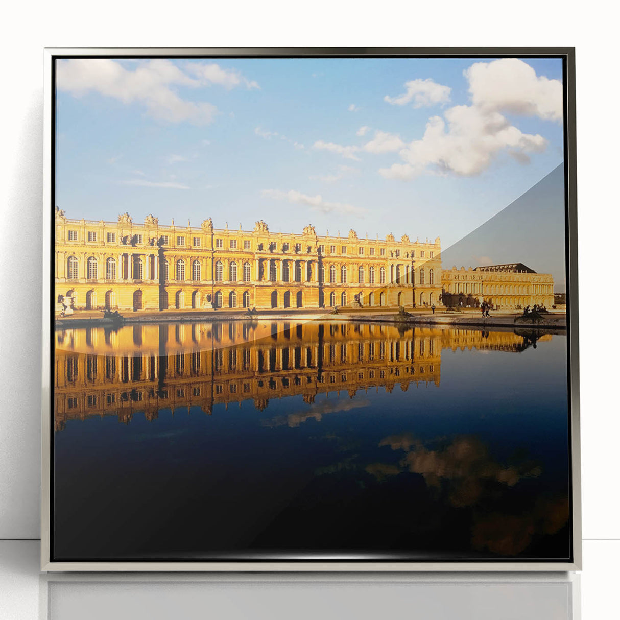 Large art print of Versailles scenery in silver framed acrylic, featuring mid-century modernist style.