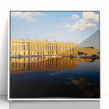 Framed acrylic print of Versailles gardens in muted green and beige tones, ideal for modern art wall decor.