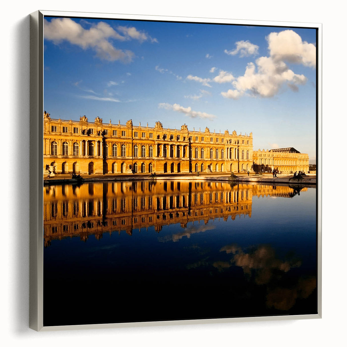 Landscape art painting of Versailles gardens on framed canvas, featuring muted green and earth tones.