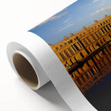 Rolled canvas of Versailles gardens in art deco style, with muted green and beige tones, ideal for nursery wall art.