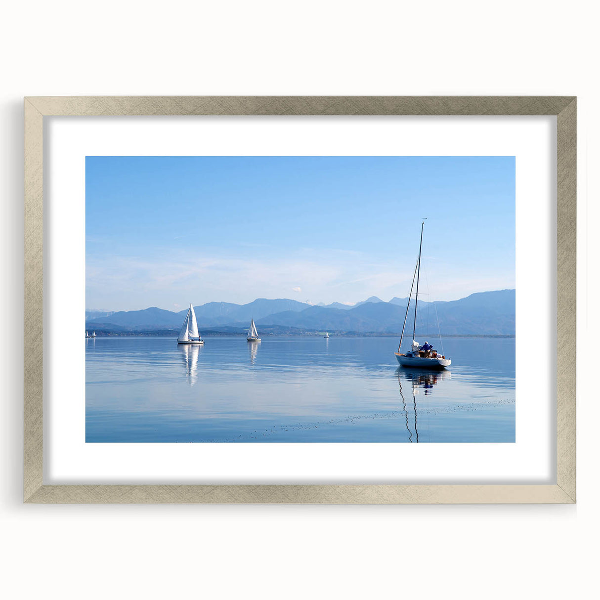 Extra large abstract art print depicting a textured Bavarian landscape in muted earth tones, framed in silver.