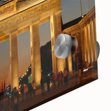 Large abstract wall art of Berlin cityscape in muted blues and greens on acrylic glass, suitable for dining room ambiance.