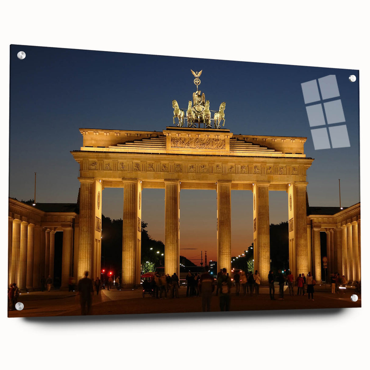 Acrylic print of Berlin skyline in muted grays and blues, suitable for bedroom or dining room decor.