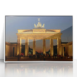 Mid-century modernist art depicting Berlin skyline in muted gray and blue tones, acrylic print framed in white.