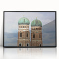 Large abstract wall art depicting a stylized Munich skyline in black and white tones, framed acrylic.