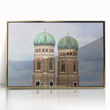 Art deco style poster of Munich skyline in muted gold and blue tones, acrylic framed, ideal for modern art wall decor.