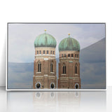 Mid-century modernist art of Munich skyline in muted blue and white tones on framed acrylic, ideal for nursery wall decor.