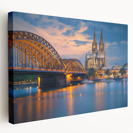 Scenic European landscape featuring muted green and blue tones on a large stretched canvas, suitable for kitchen wall art.