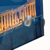 Large abstract depiction of Athens scenery on acrylic glass, in soft brown and blue tones, perfect for dining room art.