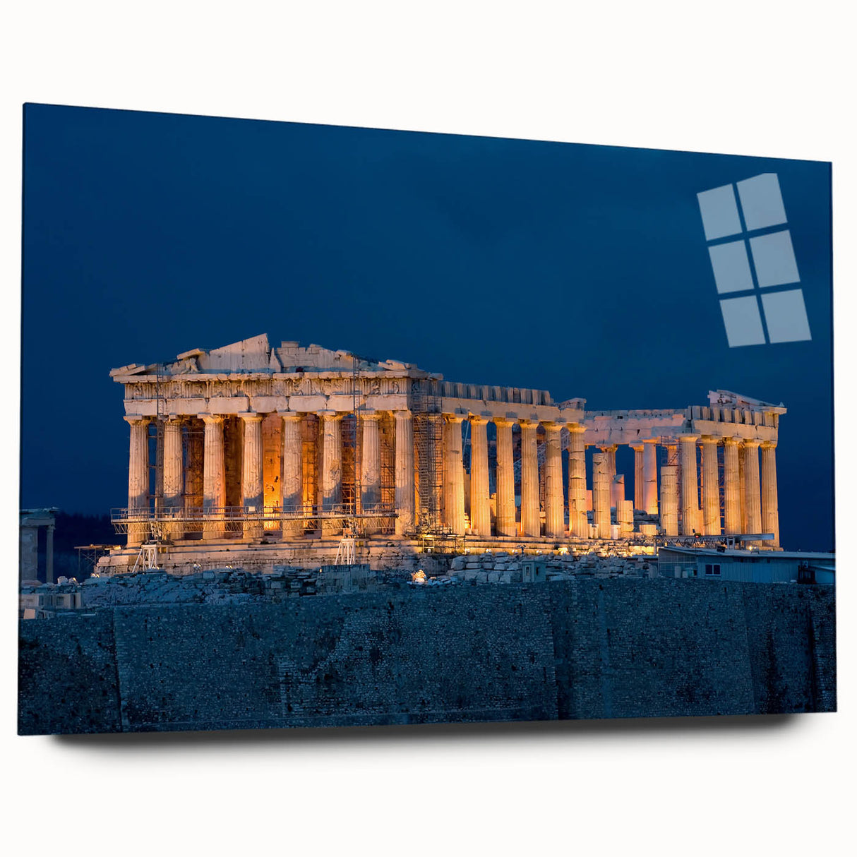 Acrylic print of Athens scenery with blue and white tones, ideal for bedroom or dining room art.