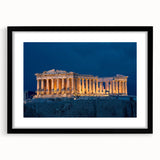 Extra large abstract art print of a colorful Athens scenery in muted orange and blue tones, framed with black mat.