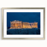 Extra large wall art of abstract Athens scenery in textured silver frame, ideal for living room decor.