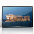 Large abstract wall art featuring the Athens skyline in muted gray and blue tones, framed in black acrylic.
