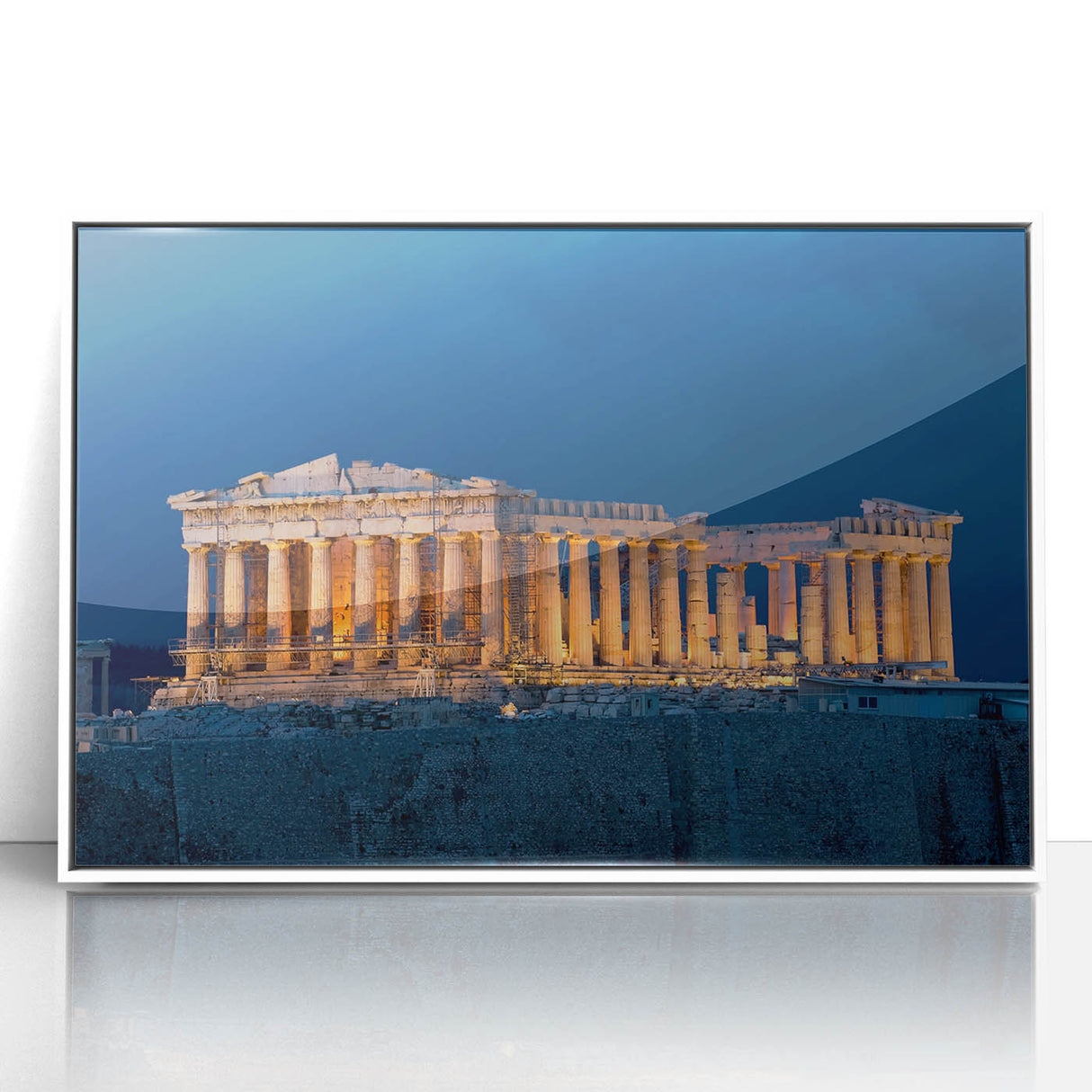 Mid-century modernist art depicting the Athens skyline in muted earth tones on a framed acrylic print.