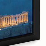 Extra large framed canvas featuring a textured depiction of Athens, Greece, in colorful art on a black background.