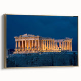 Framed canvas depicting a vintage-style Athens landscape in muted gold and black tones, ideal for bedroom wall art.