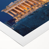 Art deco poster of Athens skyline in muted blue and white tones on rolled canvas, suitable for dining room decor.