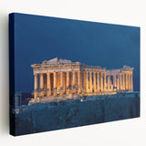 Panoramic Athens skyline in muted earth tones on a large stretched canvas, suitable for kitchen wall art.