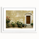Textured art print of abstract Crete landscape in white frame, with muted earth tones, ideal for bedroom wall decor.